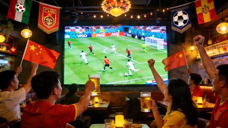 中国球迷在酒吧观看足球直播的热闹场景，聚焦于高清大屏幕上的比赛画面